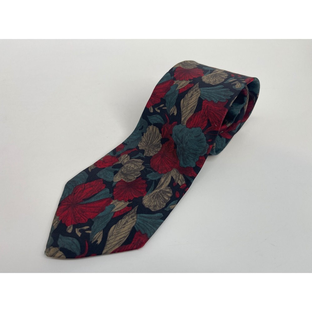 Vintage Italian Silk Necktie Mens Red Teal Floral Leaf Print Formal Dress Tie